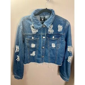 Boohoo Blue Cropped Jean Distressed Classic Denim Jacket Mid Womens Size 8 NWT